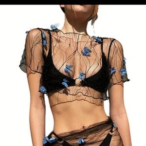 Black Sheer Crop Top with Blue butterflies